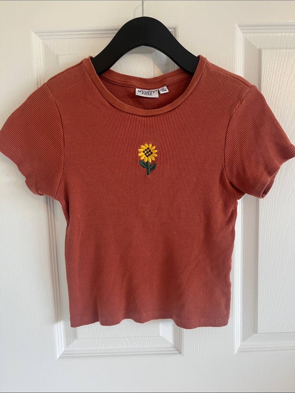 Mighty Fine Rust Ribbed Short Sleeve Tee 100% Cotton Boho Floral Y2K 90s Crop